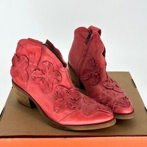 Dkode Red Floral Embroidery Patchwork Ankle Boots Pointed Toe Women's EU 39